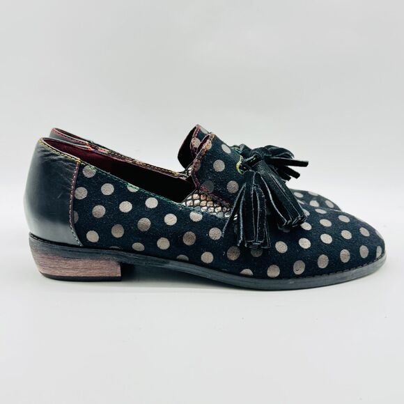 L'Artiste Shoes Womens 38 US 7.5 8 Black Gold Polka Dot Loafers Tassel Heels - Picture 3 of 13